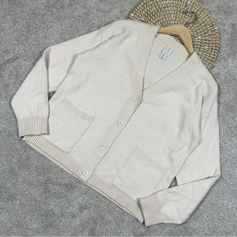 Joie Button Front Cardigan Sweater Longsleeve V-Neck Soft Fuzzy Cozy in Beige L